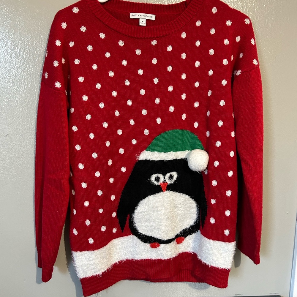 Notations Festive Red Sweater with Penguin Motif